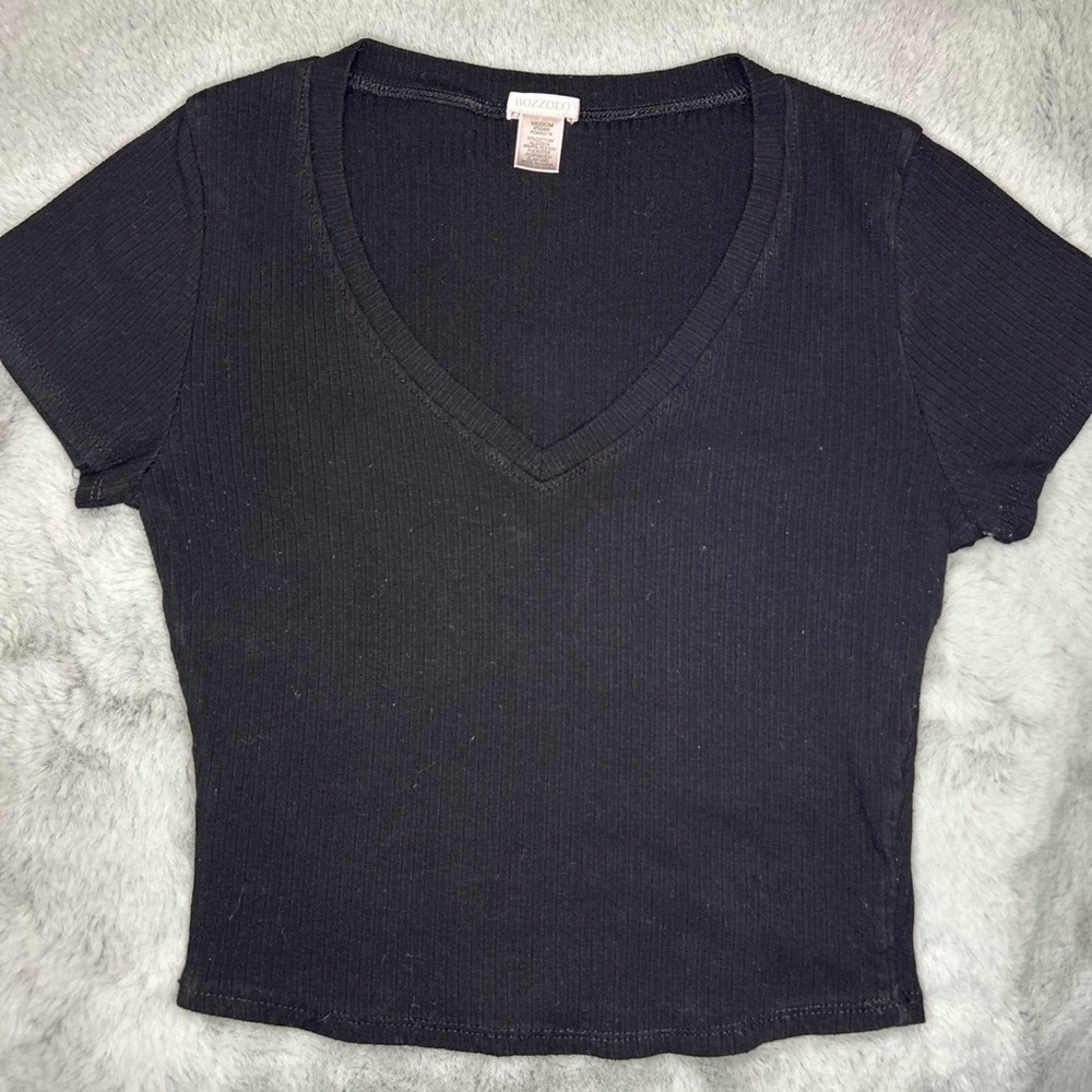 Bozzolo Black V-Neck Ribbed Women's Top Size M